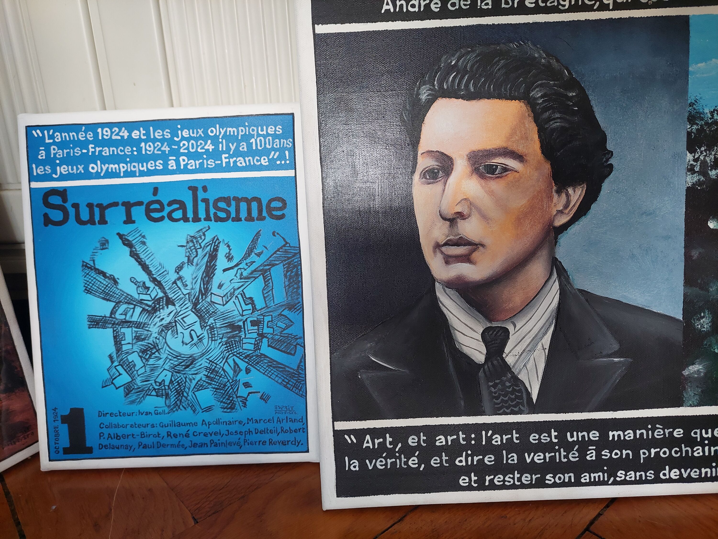 two paintings left: cover of magazine Surrealisme right: portrait of André Breton, both painted in Benin according to Adéagbo's instructions