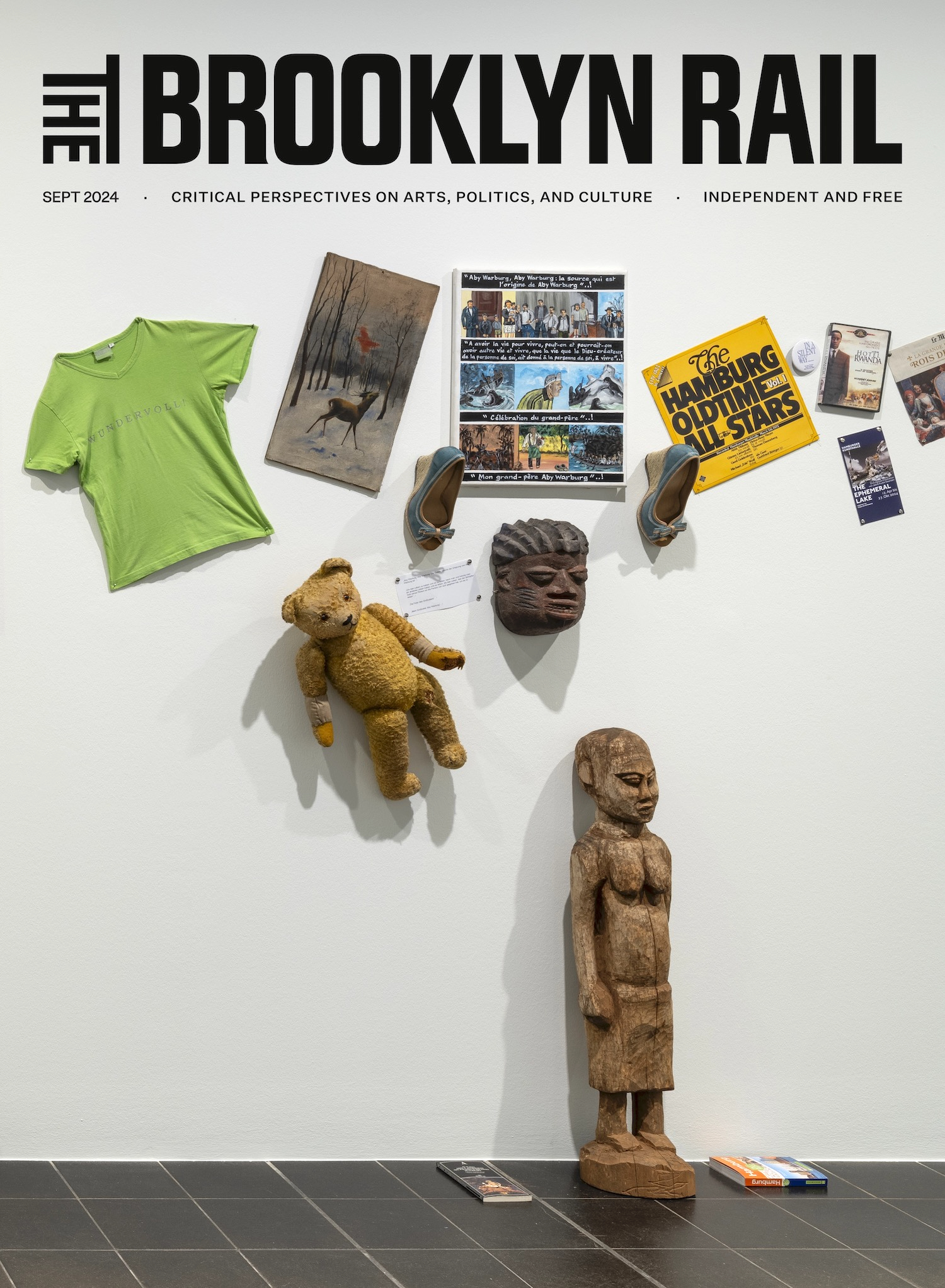 cover of art-magazin brooklyn Rail with image of Georges Adéagbo's installation at Hamburger Kunsthalle