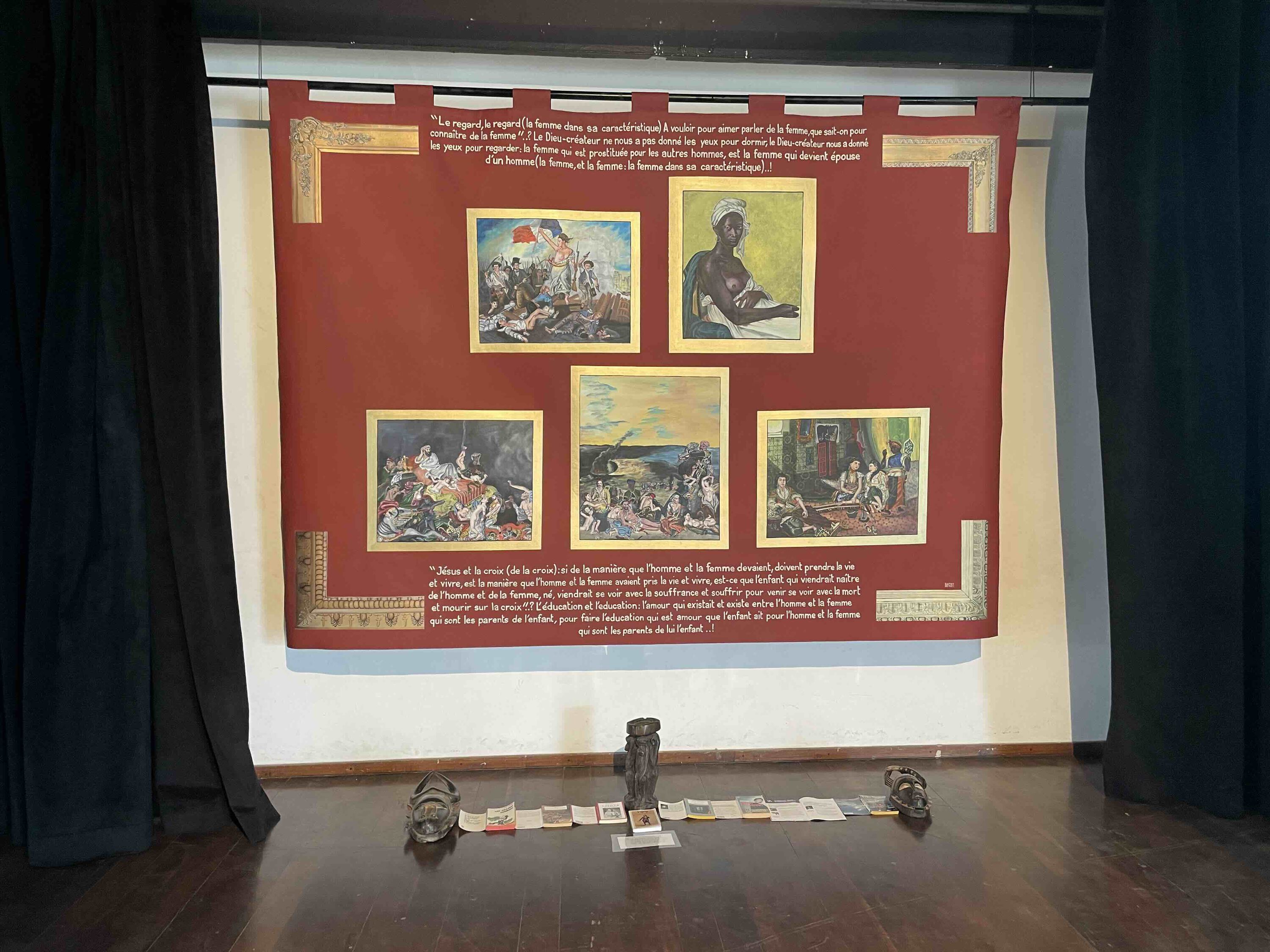 five paintings on dark red back ground with golden frames